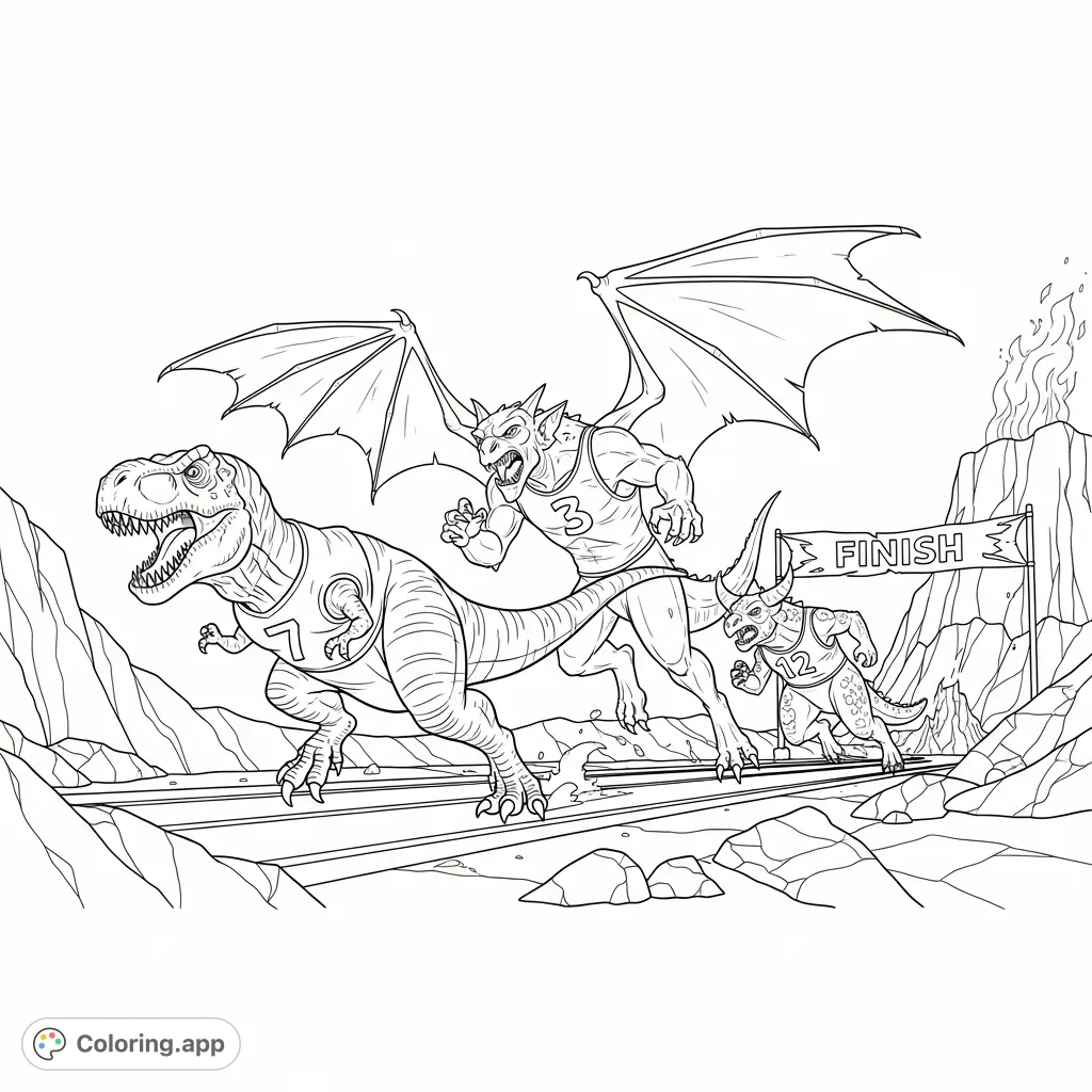 Experience an epic prehistoric race featuring a powerful Tyrannosaurus Rex, a winged gargoyle-like monster, and a horned reptilian creature tearing through a volcanic landscape towards a tattered finish line.