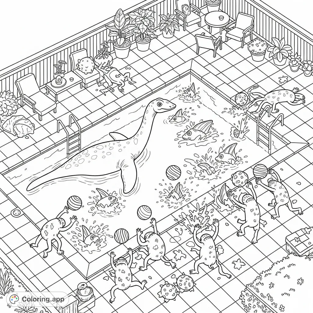Dive into a prehistoric pool party featuring a majestic Plesiosaur, playful finned creatures, and quirky, multi-limbed monsters tossing patterned balls. A lively, imaginative scene!