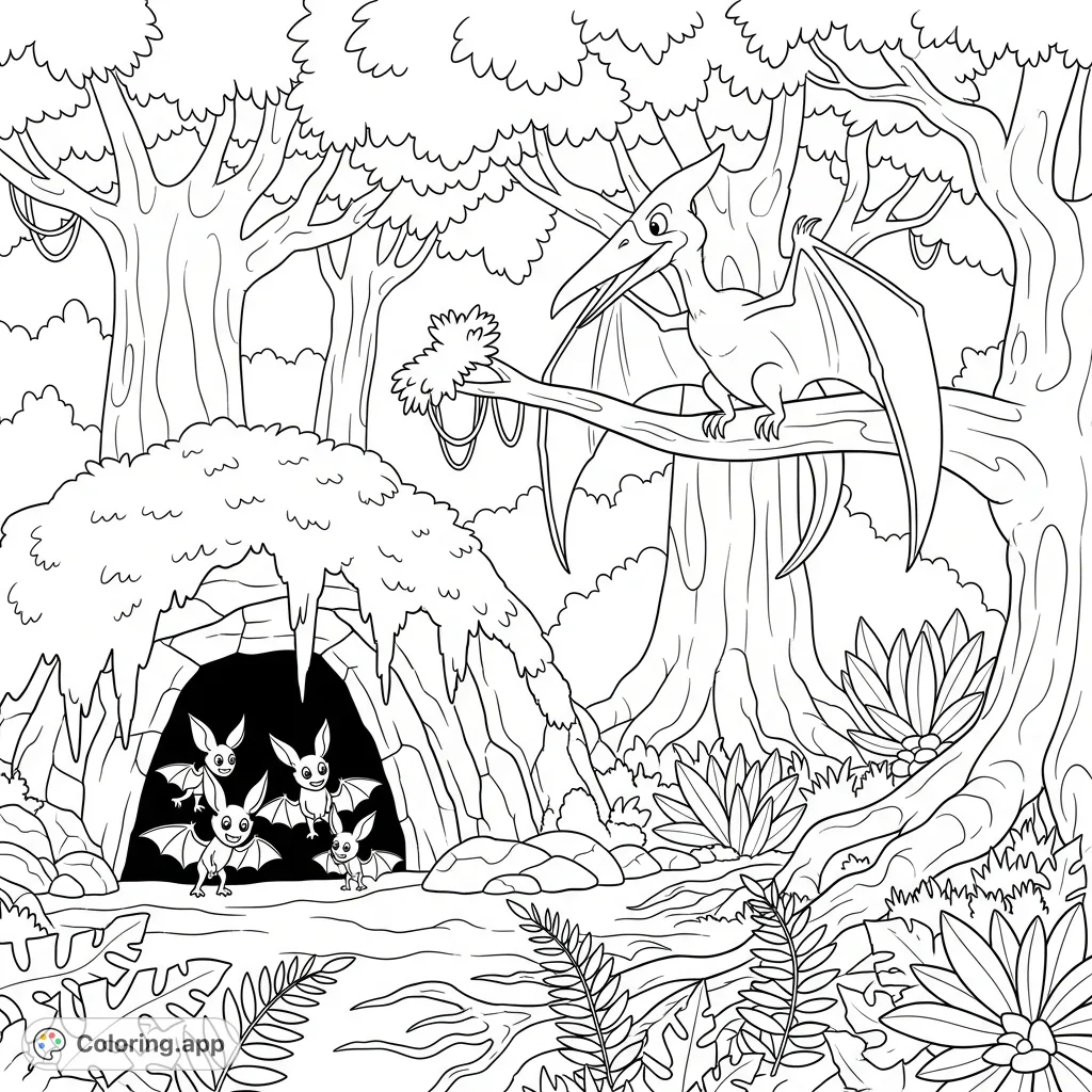 A majestic Pterodactyl watches over a moss-covered cave in a dense jungle, as bat-like monsters emerge, creating an adventurous prehistoric scene.