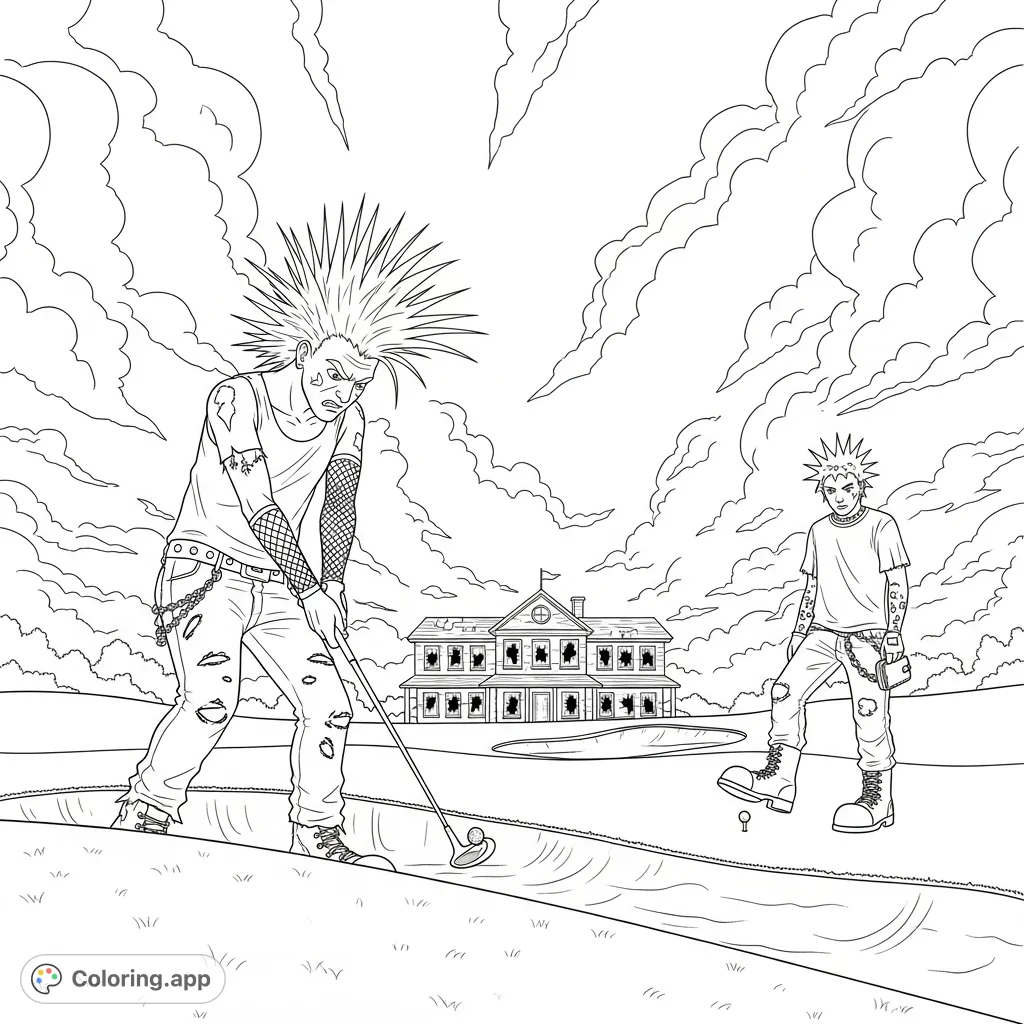 Experience rebellious golf with two punk rockers on a dilapidated course. One chips from a sand trap, the other kicks a ball. A unique, edgy scene.