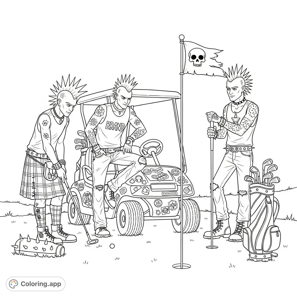 A unique punk rock golf coloring page featuring three edgy musicians on a golf course with a skull flag and spiked gear. Perfect for creative expression.
