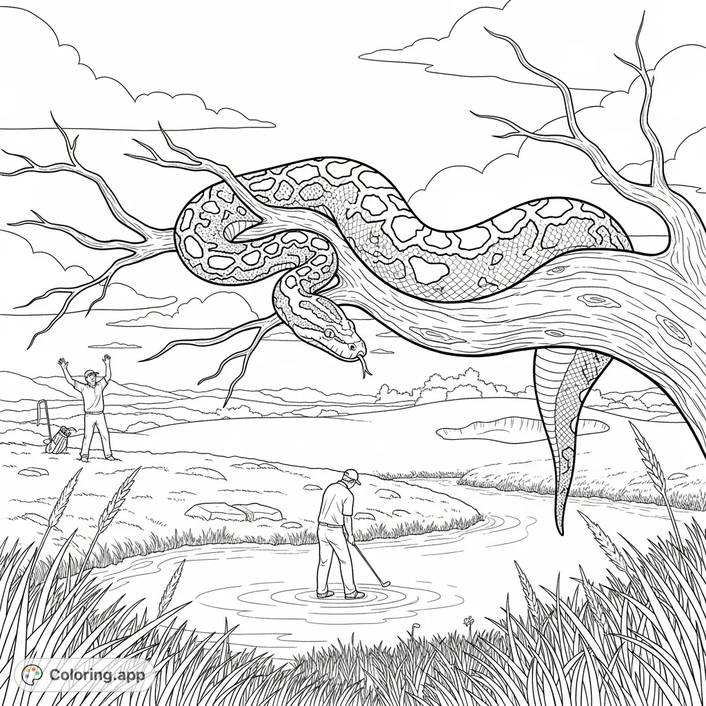A massive python drapes over a golf course water hazard, unnoticed by a focused golfer, while another frantically signals in the distance.