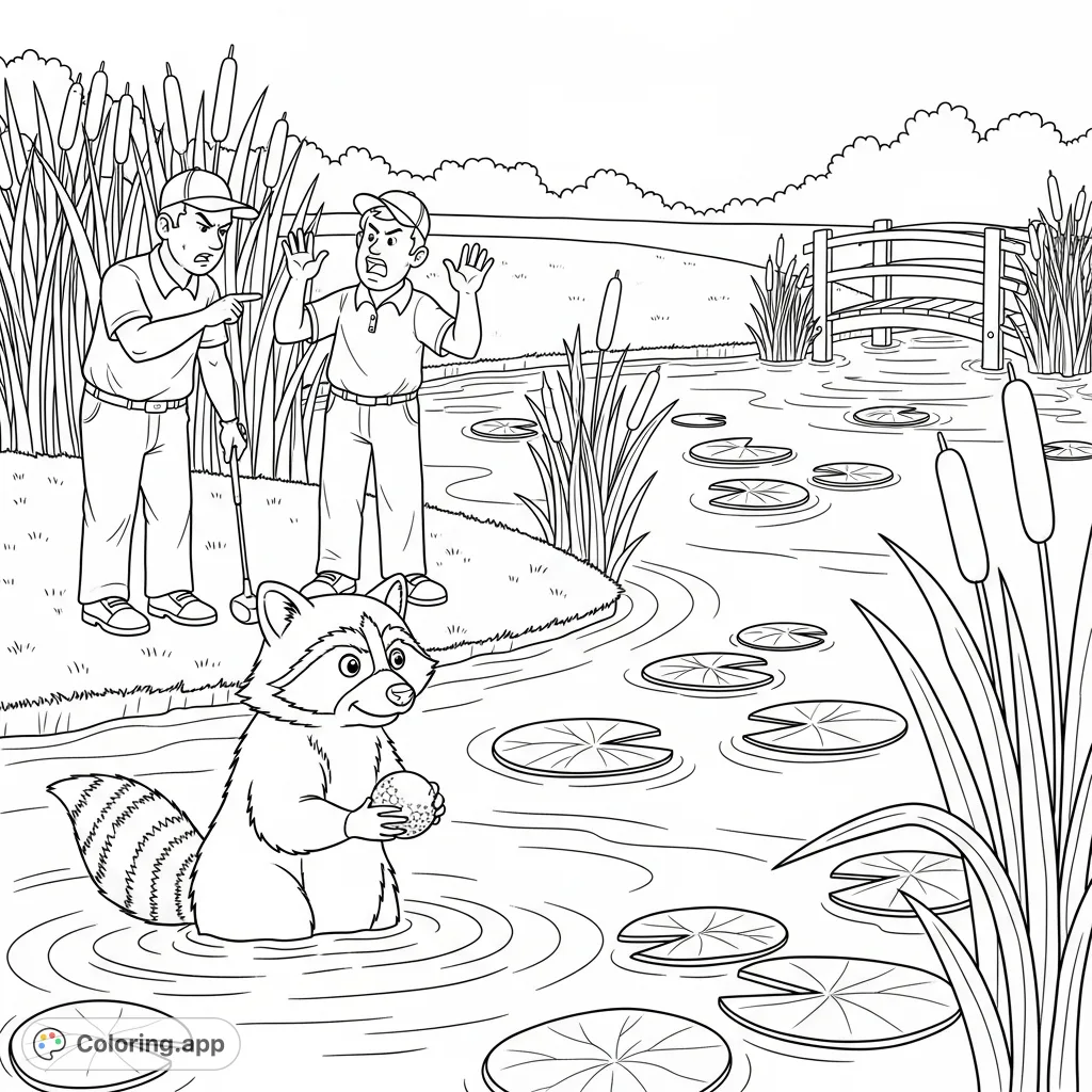 A humorous scene featuring a raccoon with a golf ball, two exasperated golfers, and a pond with lily pads and cattails. Perfect for a fun coloring challenge.