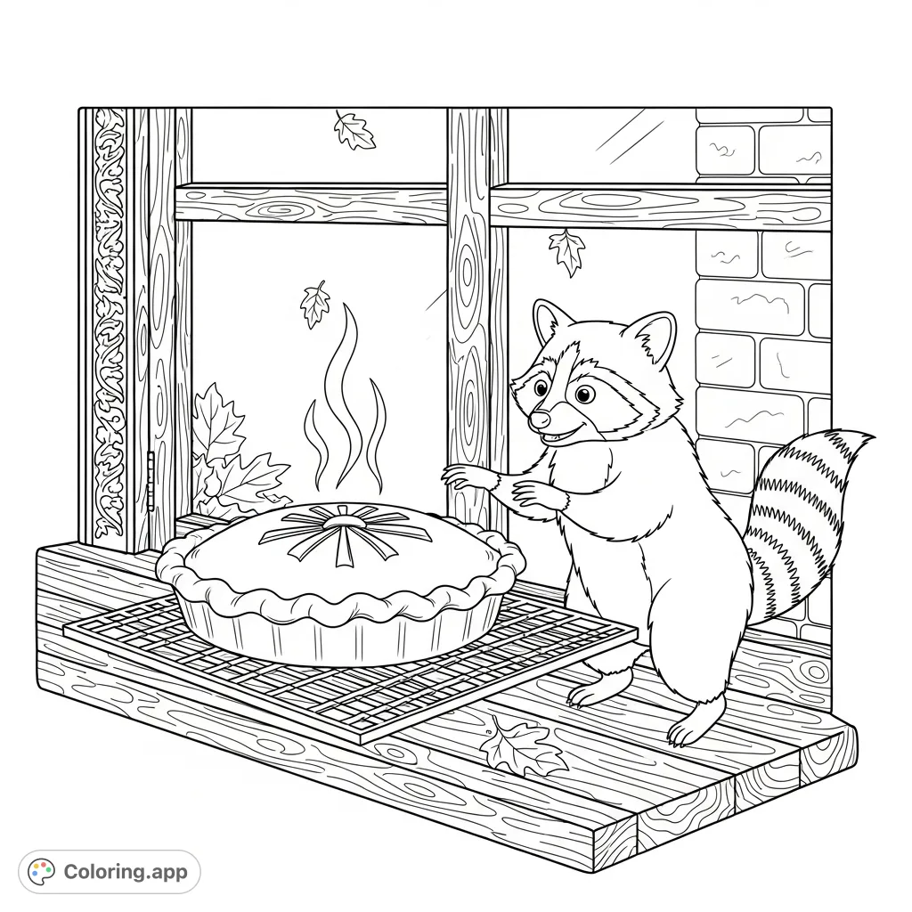A playful raccoon attempts to snatch a cooling pie from a rustic windowsill, set against an autumn backdrop. A charming Thanksgiving coloring page scene.