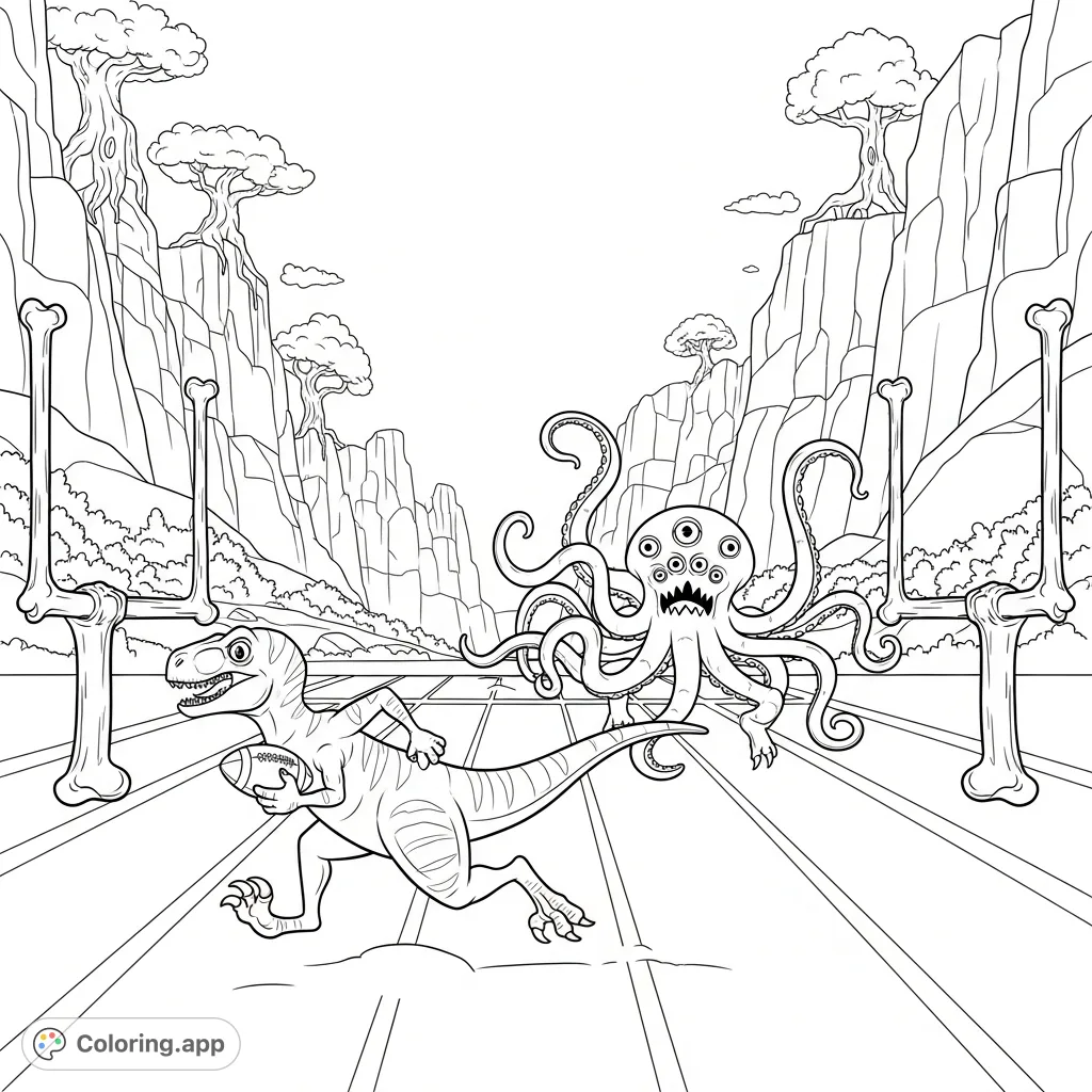 Experience a thrilling prehistoric football chase! A swift Raptor evades a tentacled monster on a valley field with bone goalposts. A dynamic scene.