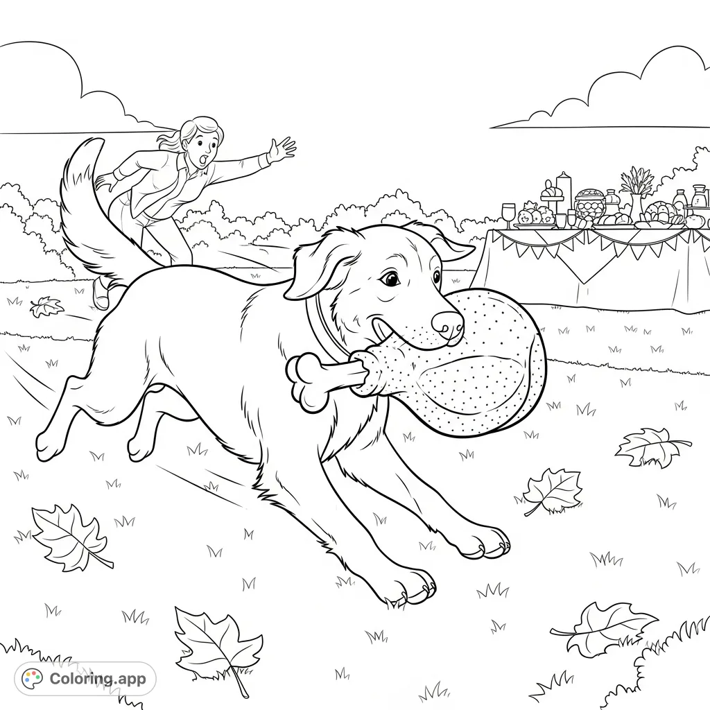 A playful retriever dashes across an autumn lawn, a stolen turkey leg in its mouth, as its surprised owner reaches out. A fun, festive scene for all ages.