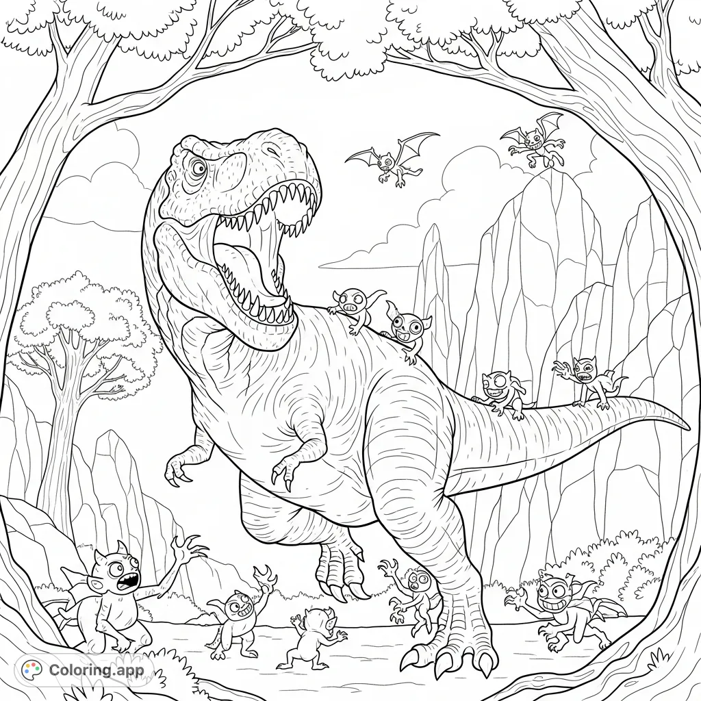 A dynamic prehistoric battle scene featuring a powerful Tyrannosaurus Rex fending off a swarm of agile mini monsters in a rugged, ancient forest. Unleash your creativity!