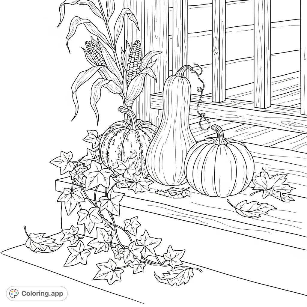 An inviting autumn arrangement on a rustic wooden porch, featuring gourds, pumpkins, trailing ivy, and scattered leaves, perfect for a cozy seasonal coloring page.