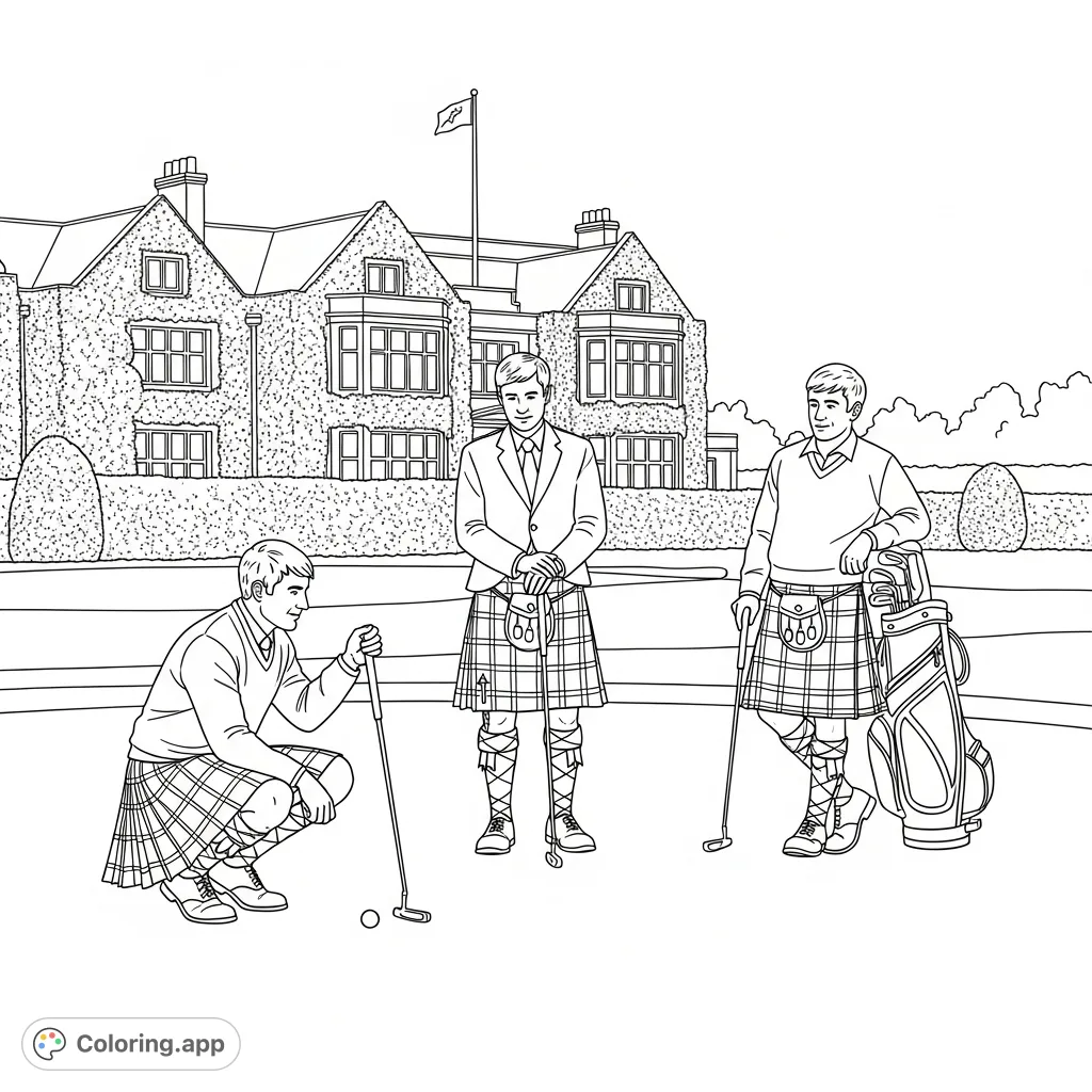 A detailed Scottish golf coloring page featuring three men in tartan kilts on a putting green, with a grand clubhouse in the background.