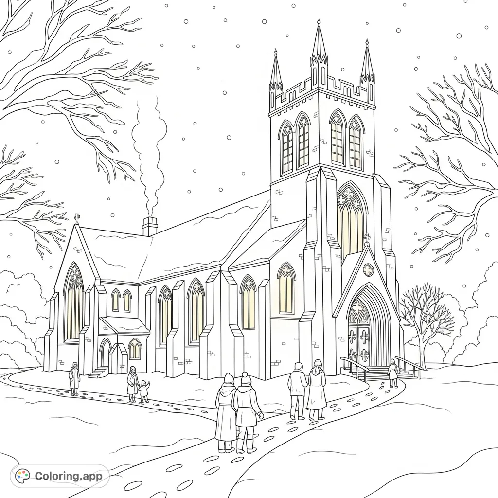 A majestic snow-covered church under a clear, star-filled midnight sky, with light spilling from its windows and a family walking towards it. A serene winter night scene.