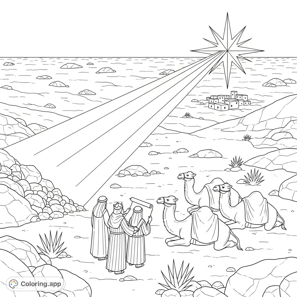 Embark on a spiritual journey with this Star of Bethlehem coloring page, depicting the three wise men and their camels guided by the radiant star.