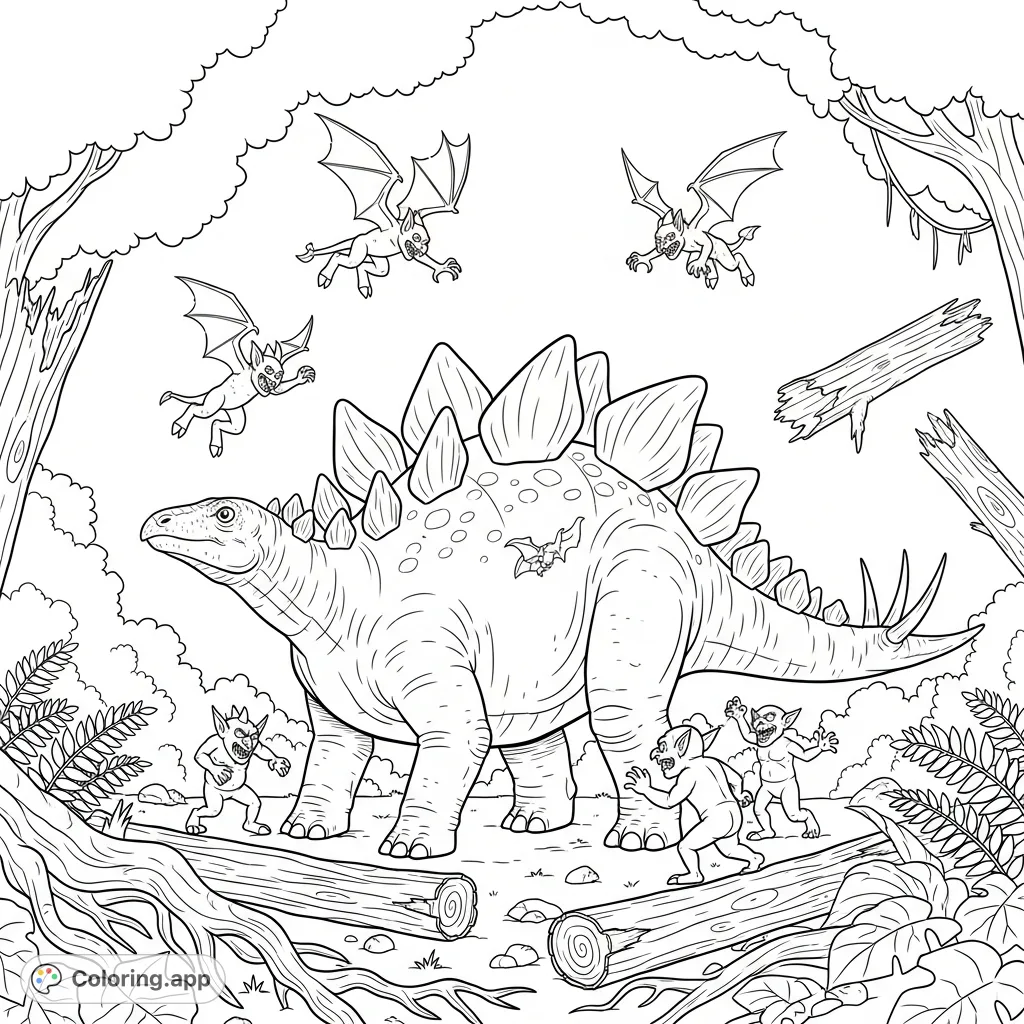 A mighty Stegosaurus defends itself against swarms of goblin-like monsters and winged beasts in a dense, root-filled jungle clearing, showcasing a fierce prehistoric battle.