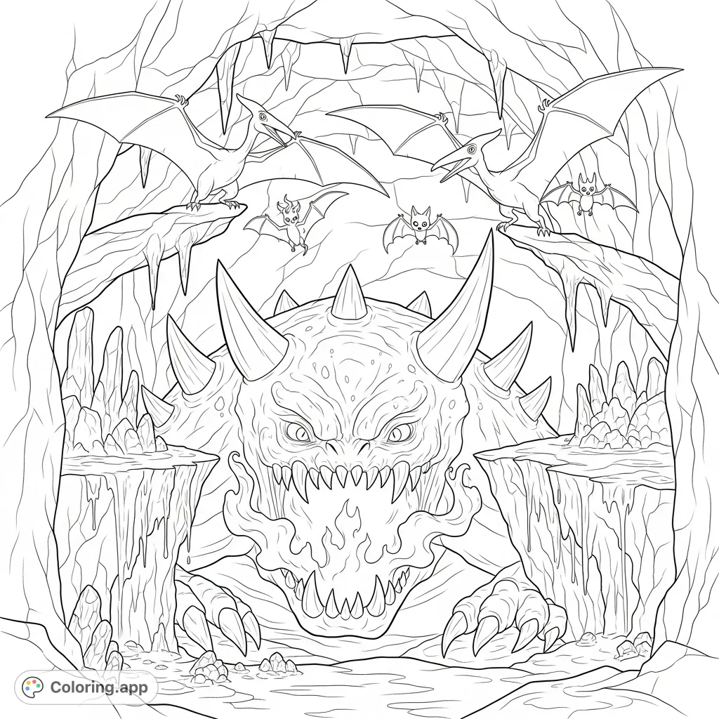 Dive into a prehistoric cave scene featuring a colossal subterranean monster emerging from a chasm, its gaze fixed on startled Pterodactyls. A thrilling adventure awaits!