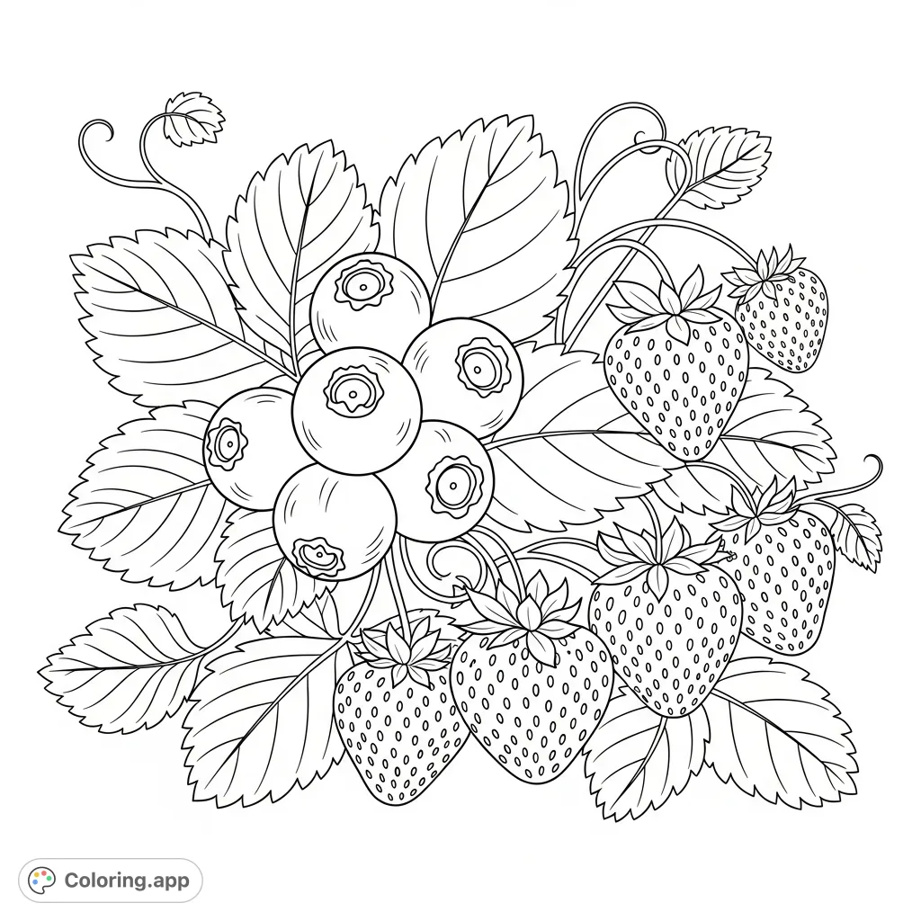 A delightful fruit coloring page featuring plump blueberries and ripe strawberries nestled among lush leaves and garden plants. Perfect for all ages!