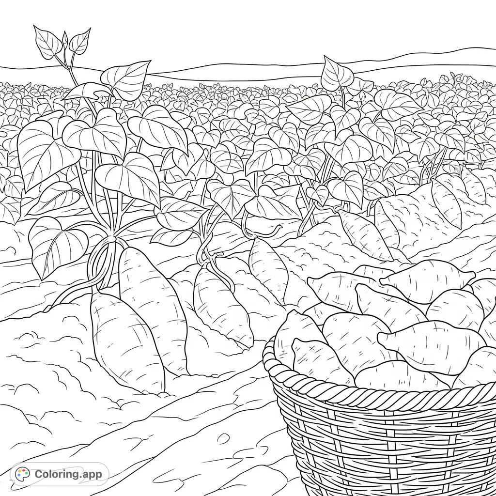 A delightful sweet potato coloring page featuring a bountiful harvest in a field and a rustic basket. Perfect for farm-themed fun!