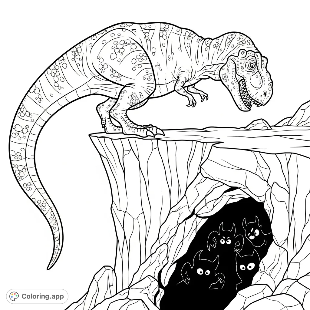 A powerful Tyrannosaurus Rex stands guard over a mysterious cave, home to shadowy monster figures. A captivating dinosaur coloring page.