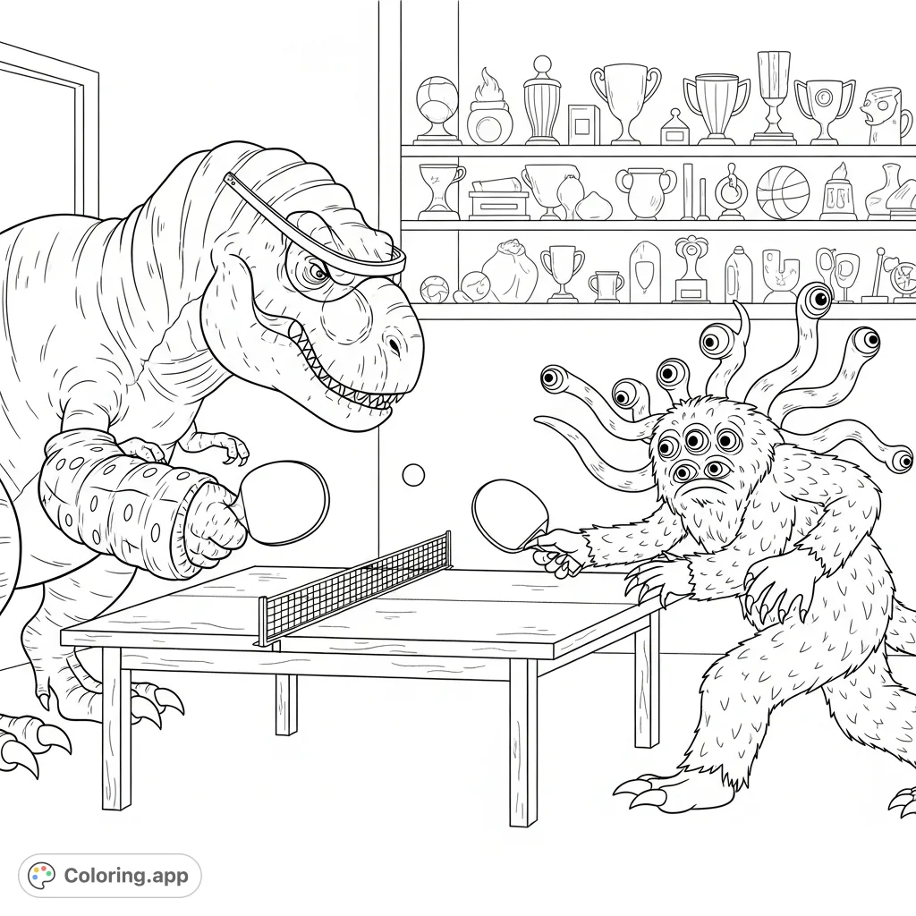 An epic ping pong match unfolds between a colossal T-Rex and a tentacled, four-eyed monster. A unique and detailed scene for a fun coloring challenge!