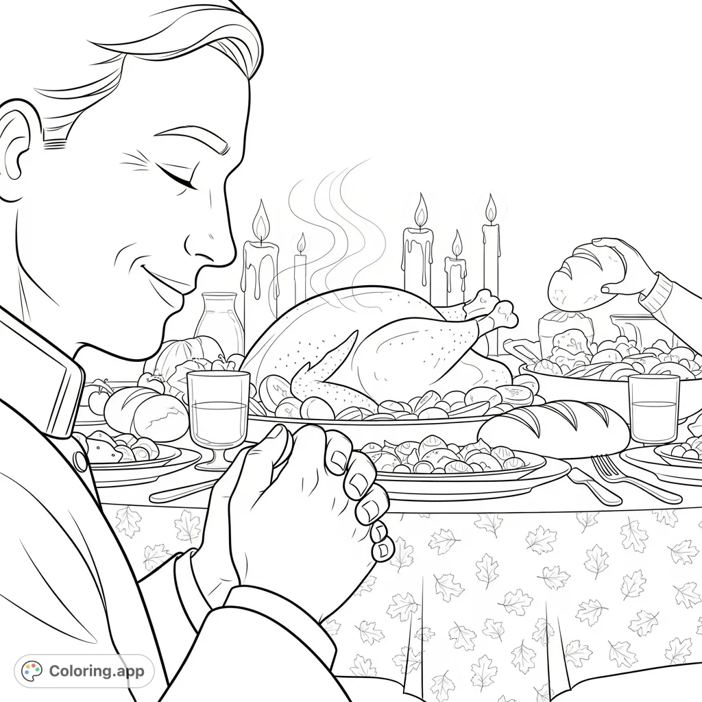 Capture a heartfelt Thanksgiving blessing scene with a preacher, a bountiful feast, and a child's curious hand. A perfect Thanksgiving coloring page.