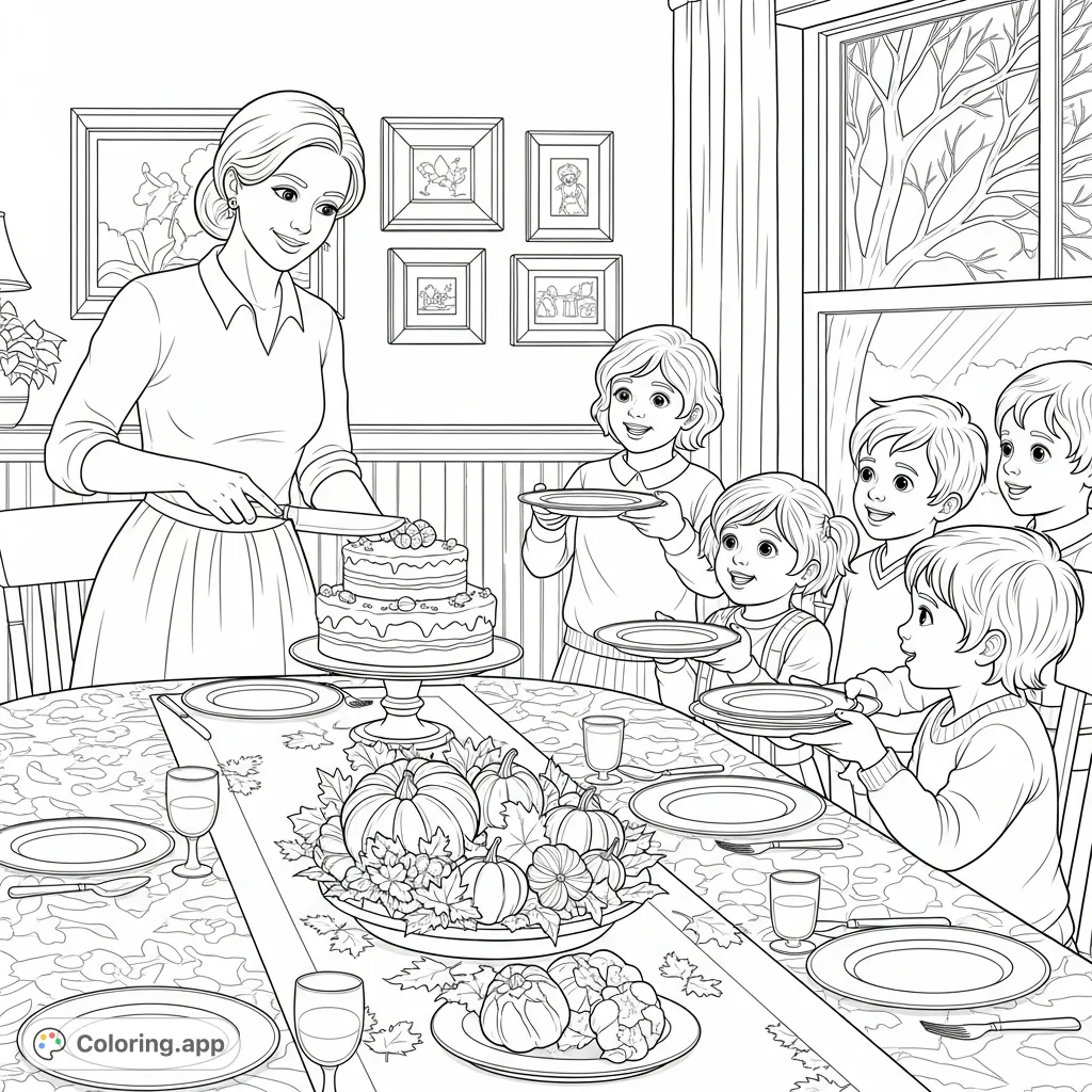 A heartwarming Thanksgiving scene featuring a mother serving cake to eager children. Perfect for celebrating family and gratitude.
