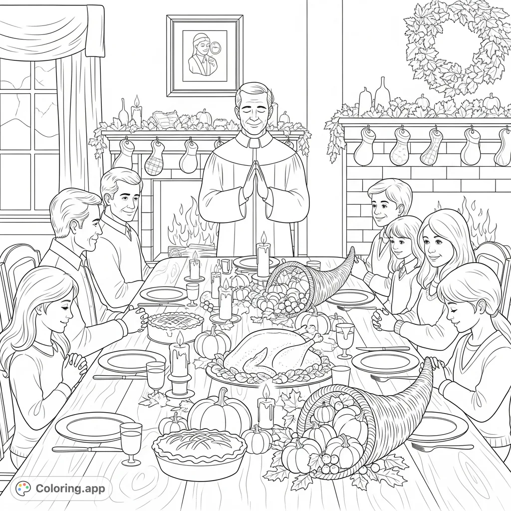 A heartwarming Thanksgiving dinner scene featuring a preacher giving a blessing, a table laden with food, and a family gathered in a cozy room.