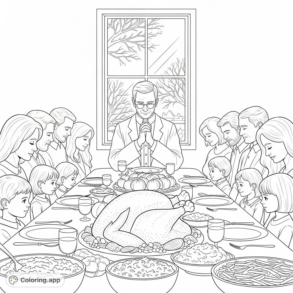 Gather around a detailed Thanksgiving dinner table scene, featuring a preacher, family, and a feast, perfect for a festive coloring page.