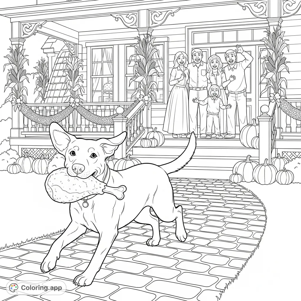 A playful Labrador dashes across a cobblestone path with a turkey leg, glancing back at a family on a festively decorated porch. A fun Thanksgiving scene.