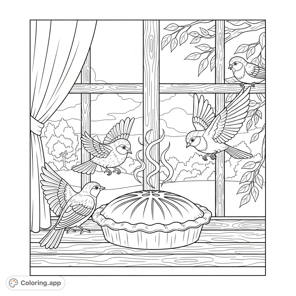 A charming Thanksgiving coloring page featuring a cooling pie on a windowsill, with three mischievous birds attempting to snatch a bite. Perfect for festive fun!