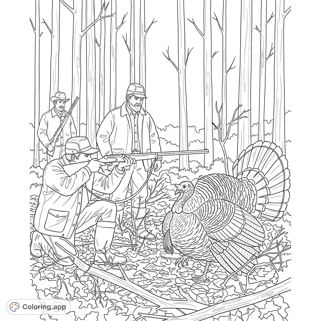 A detailed Thanksgiving hunting scene featuring men in pursuit of a wild turkey amidst an autumnal landscape. Perfect for seasonal coloring.