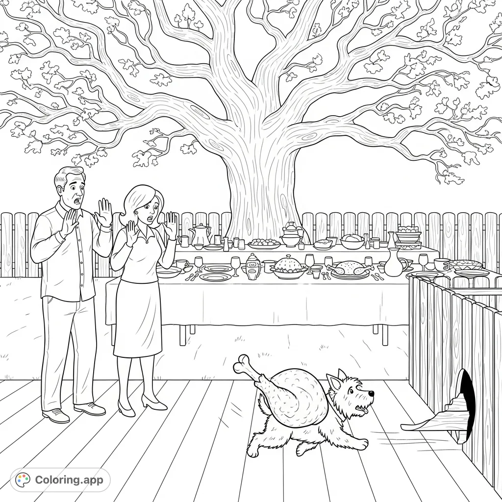 A hilarious Thanksgiving scene featuring two exasperated adults, a mischievous terrier with a stolen turkey leg, and a festive outdoor dinner setting.