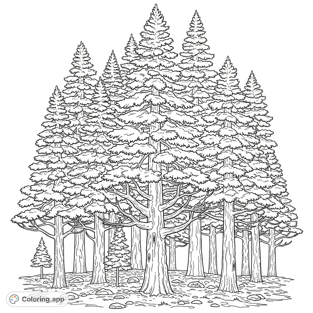 Explore a serene forest of majestic pine trees, featuring intricate needle clusters and textured bark. A perfect nature-themed coloring page for all ages.