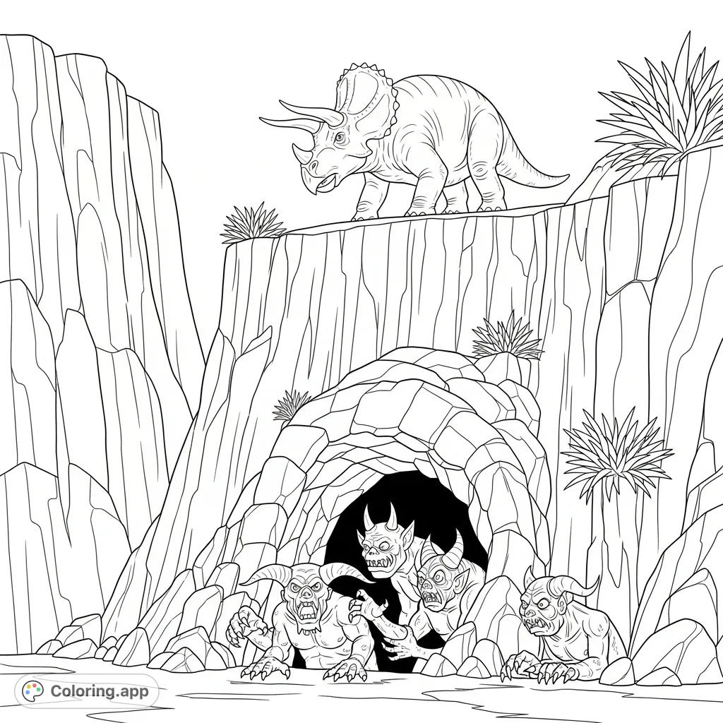 An epic prehistoric clash: a powerful Triceratops watches as grotesque monsters emerge from a rugged cliff cave. A dynamic and thrilling scene to color!