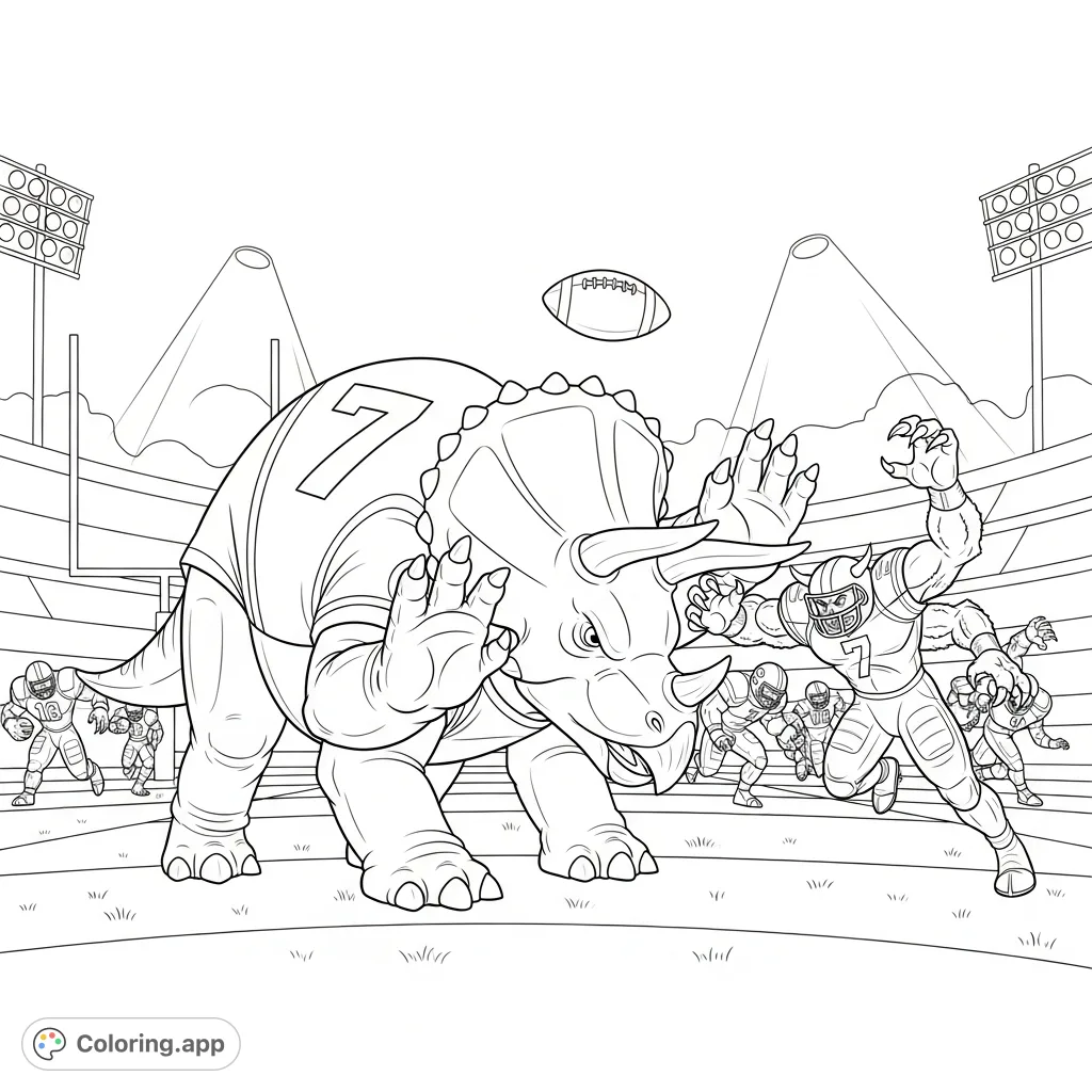 Experience the epic Dinosaur Football coloring page featuring a powerful Triceratops blocking a four-armed monster, fumbled ball, and stadium action! Free printable.
