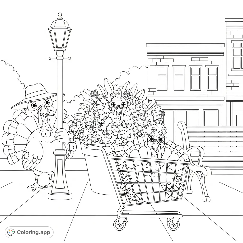 Discover a humorous town square scene where three clever turkeys try to blend in, hiding behind a lamppost, in a flower planter, and a shopping cart.