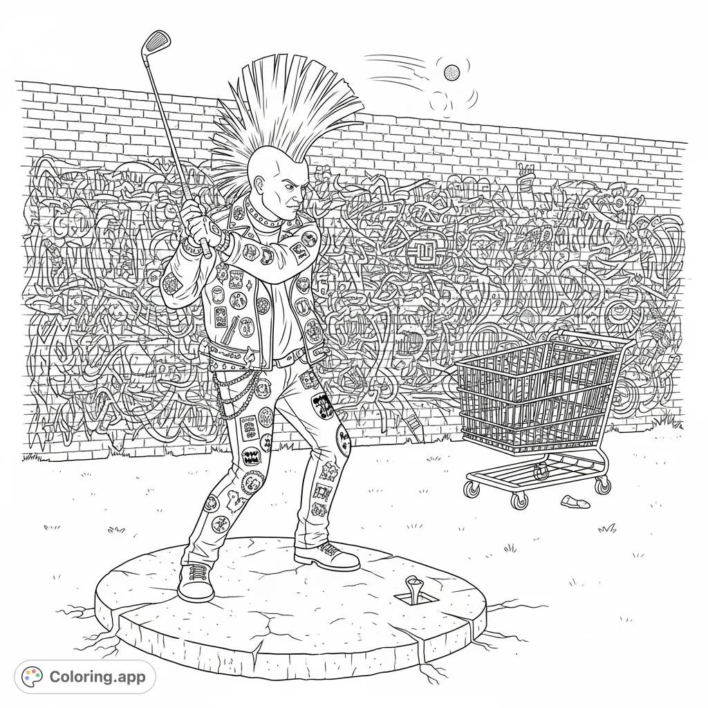Capture the rebellious spirit of a punk rocker mid-swing on an urban golf course. Features a mohawk, leather jacket, graffiti, and a shopping cart.