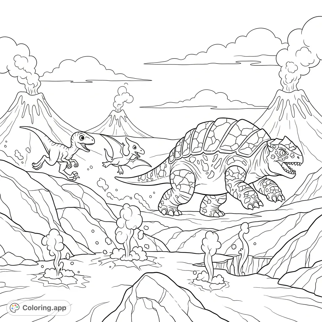 Witness a thrilling prehistoric chase! A baby Velociraptor and Pterodactyl flee a colossal armored creature across a steaming volcanic landscape.