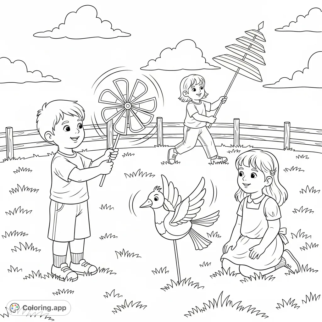 A delightful whirligig coloring page featuring children playing with various whimsical whirligigs in a sunny outdoor setting. Perfect for imaginative fun!