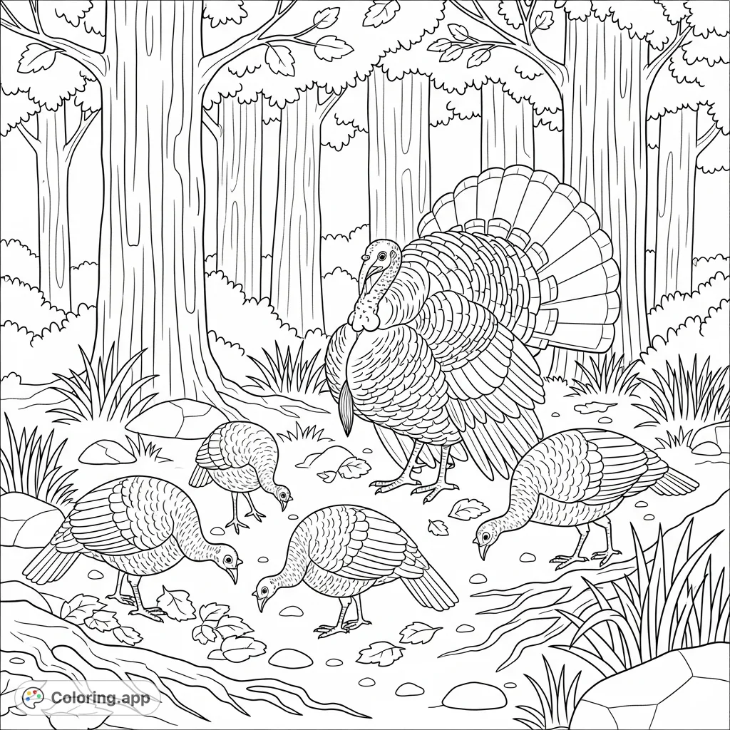 Discover a captivating turkey coloring page featuring a majestic male turkey and poults foraging in a detailed forest setting. Perfect for nature lovers!
