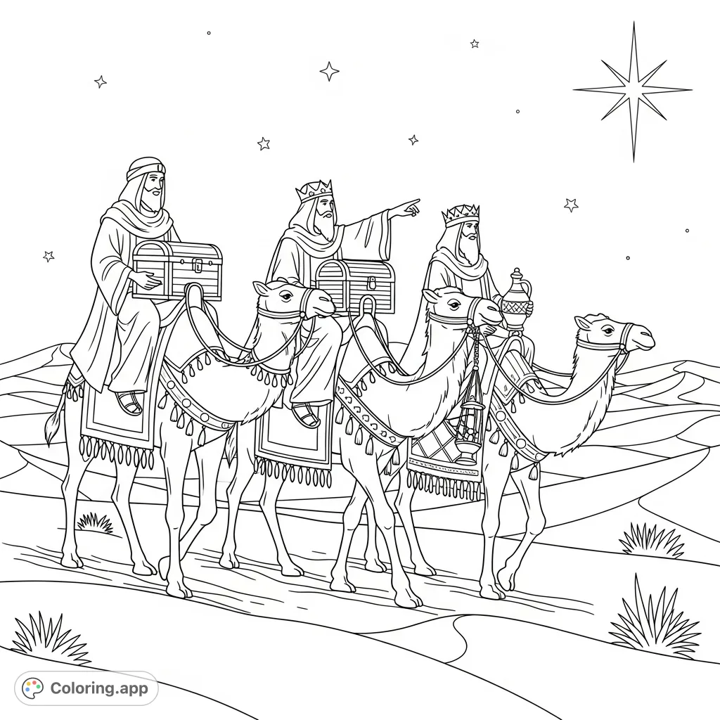 Embark on a historical journey with Balthazar, Melchior, and Caspar as they follow a guiding star across the desert, bearing precious gifts.