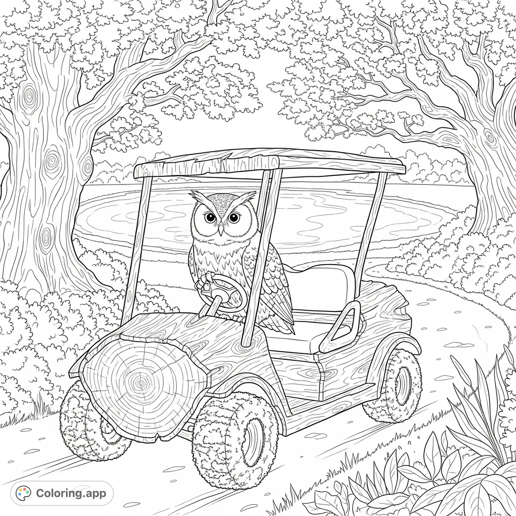 Embark on a serene journey with a wise old owl driving a moss-covered log golf cart along a tranquil path, framed by ancient oak trees.
