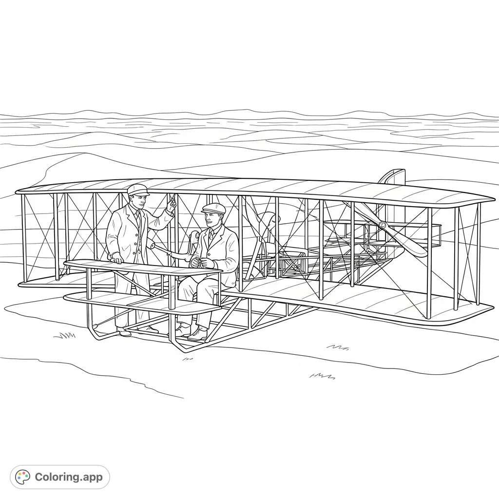 Depicts Wilber and Orville Wright with their pioneering "Wright Flyer" aircraft against a backdrop of sand dunes, capturing a moment of aviation history.