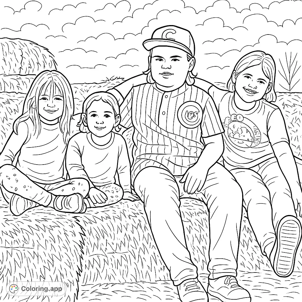 Four cheerful children sit on textured hay bales under a cloudy sky, ready for a fun coloring adventure.