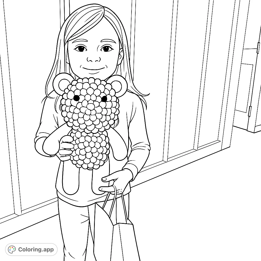 A cheerful girl holds a charming teddy bear-like figure with a unique textured surface, perfect for a creative coloring experience.