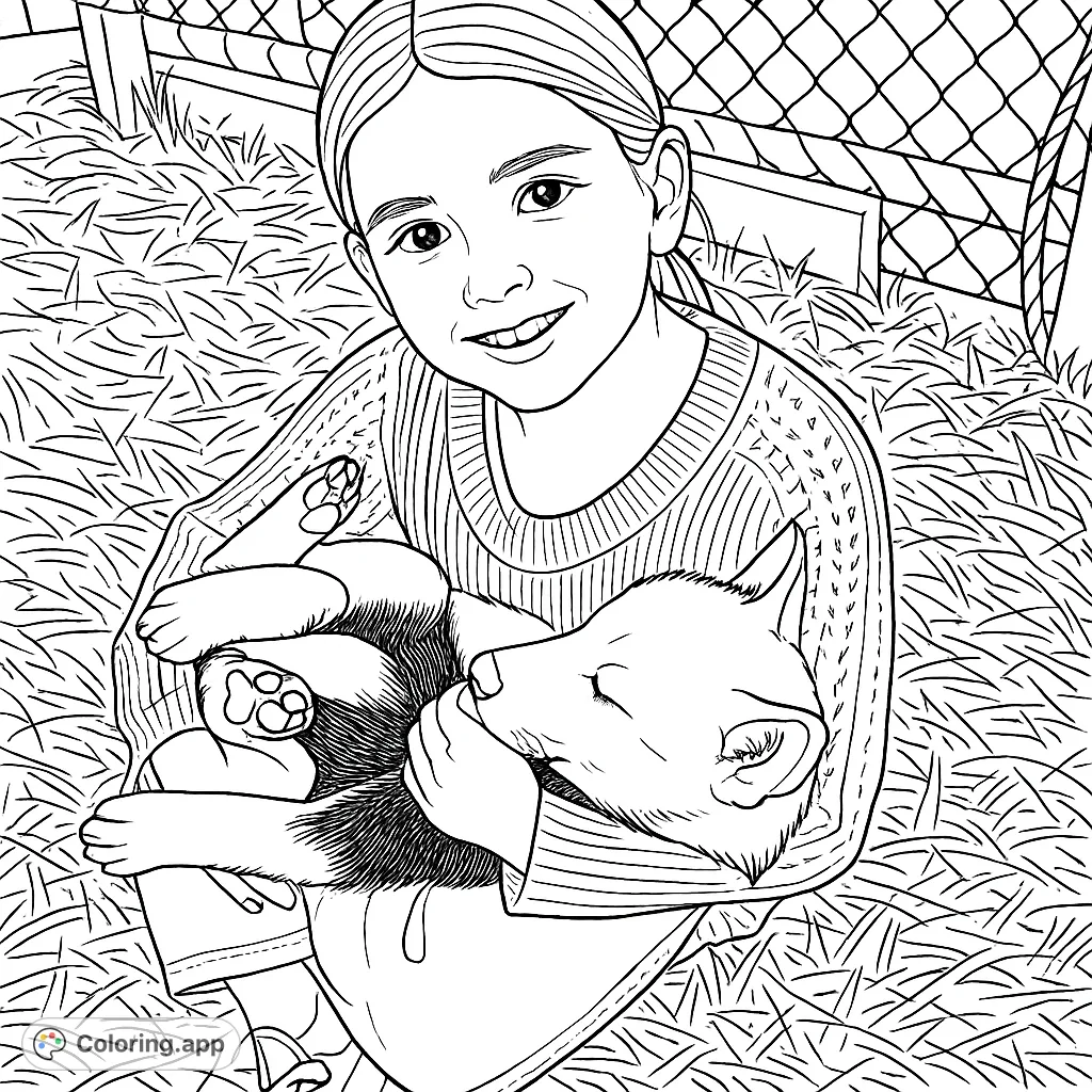 A heartwarming scene of a smiling girl gently holding a playful puppy amidst a cozy bed of hay. Perfect for animal lovers and young artists.