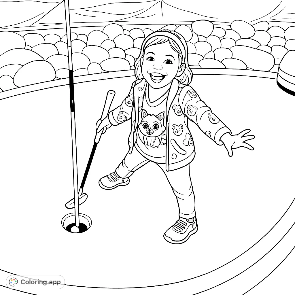 A joyful child celebrates a successful putt on a miniature golf course, holding a club with a wide smile. Perfect for young sports enthusiasts!