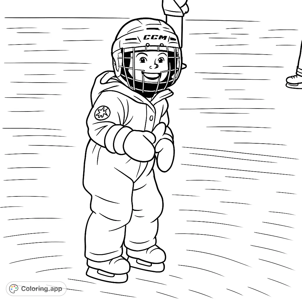 A delightful ice skating coloring page featuring a happy child in a full suit and helmet, ready to glide. Perfect for winter fun and developing fine motor skills.
