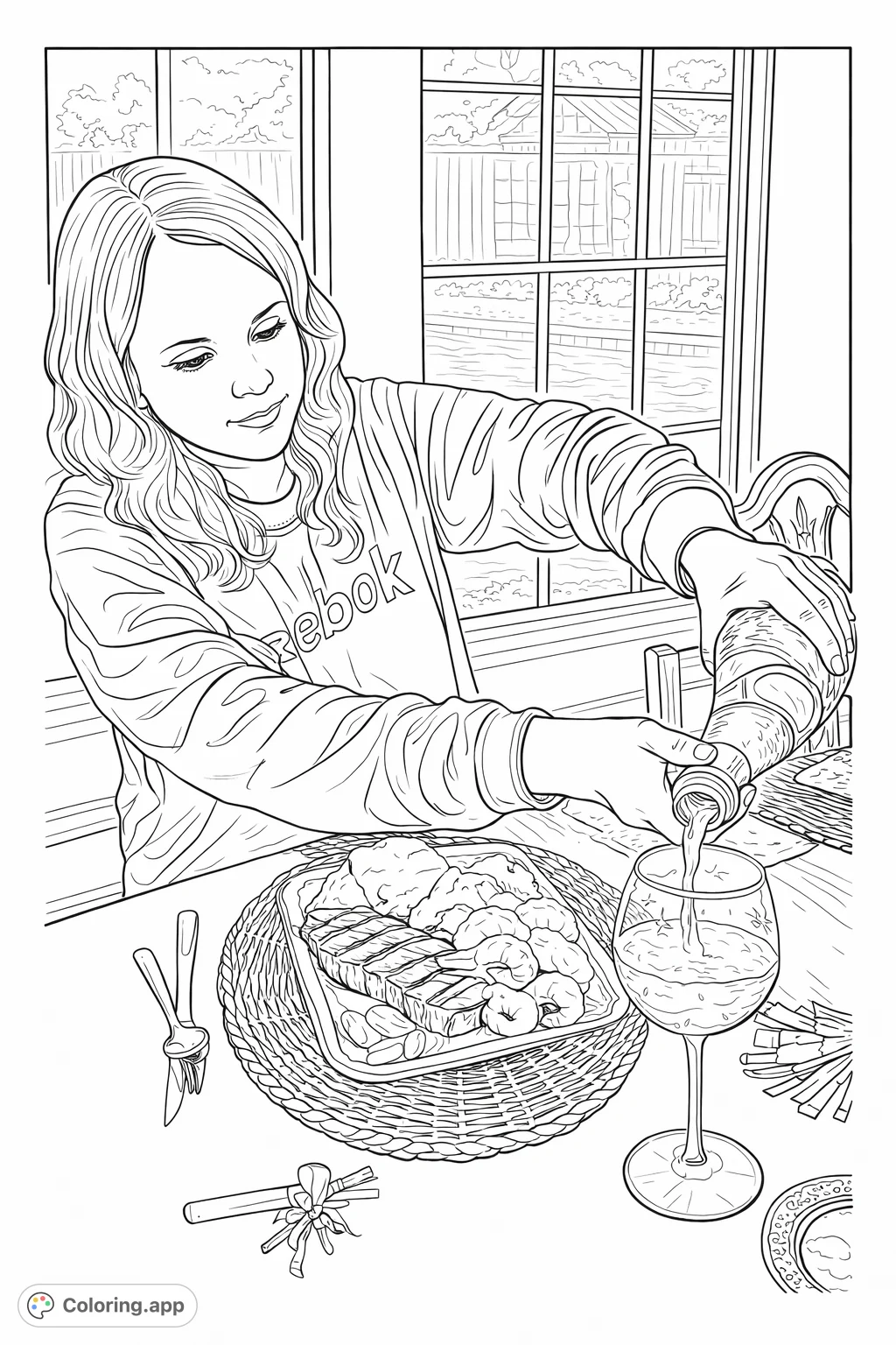 Capture a moment of celebration with a person pouring a festive drink alongside a delicious meal of steak, shrimp, and potatoes. Perfect for adults.