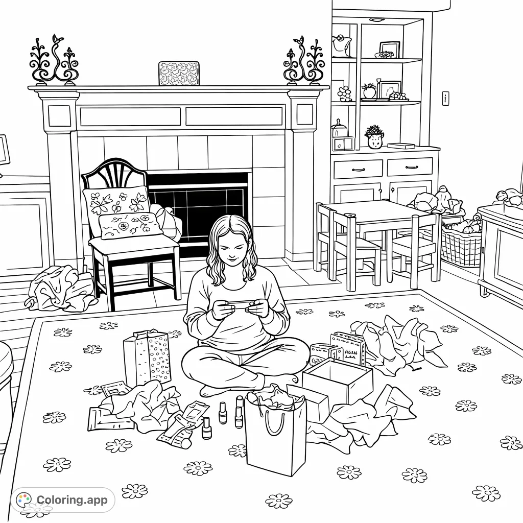 A heartwarming scene of a person opening gifts surrounded by festive bags and paper, set in a cozy living room with a fireplace and decorative shelves.