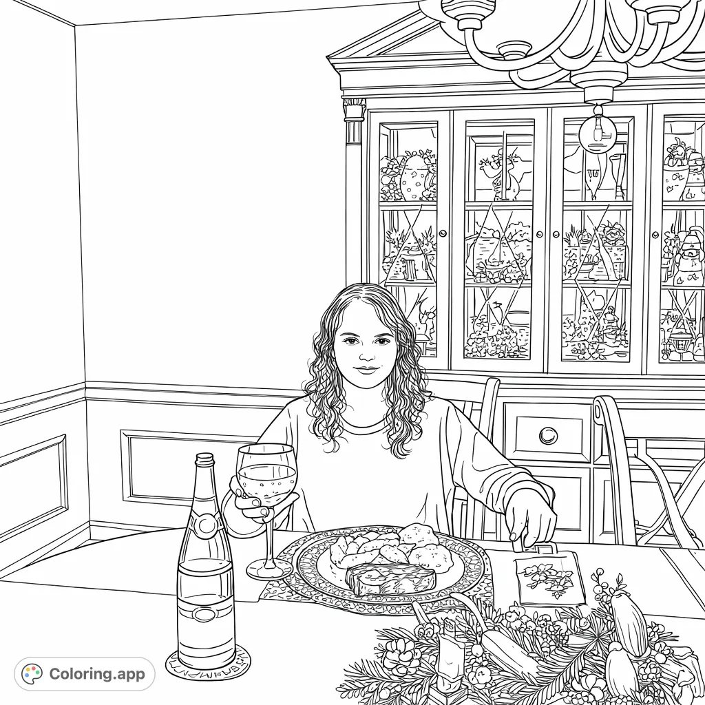 A heartwarming festive dining scene featuring a seated person, a delicious meal, and elegant holiday decor, perfect for family and celebration.