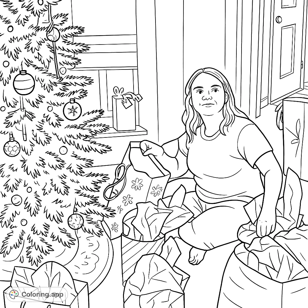 A heartwarming festive scene featuring a person surrounded by patterned gift bags and a sparkling tree, ready for creative coloring. Perfect for holiday joy.