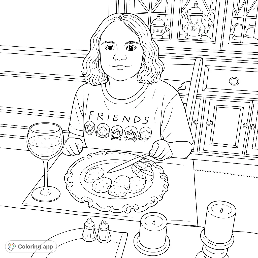 Color a cozy dining scene featuring a person enjoying a meal at a decorative table. Complete with detailed food, glassware, and background elements like a china cabinet.
